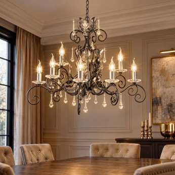 Elstead Lighting Lampadario classico grande in acciaio con 10 diffusori e dettagli in vetro Amarilli