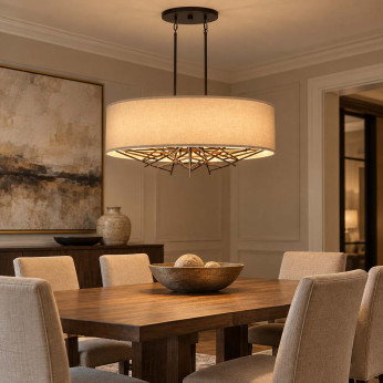 Elstead Lighting Lampadario grande moderno con struttura in acciaio e diffusore in tessuto Taiko