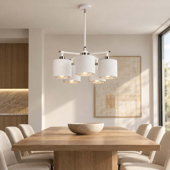 Elstead Lighting Lampadario moderno in acciaio con 5 diffusori in tessuto Balance