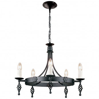 Elstead Lighting Lampadario rustico grande con struttura in acciaio con 5 diffusori Belfry