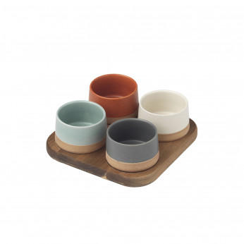 Evviva Set 4 ciotole in ceramica con vassoio in legno