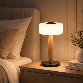 Fabas Luce Lampada da comodino LED moderna in metallo e legno diffusore in vetro soffiato Elea