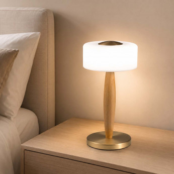 Fabas Luce Lampada da comodino LED moderna in metallo e legno diffusore in vetro soffiato Elea