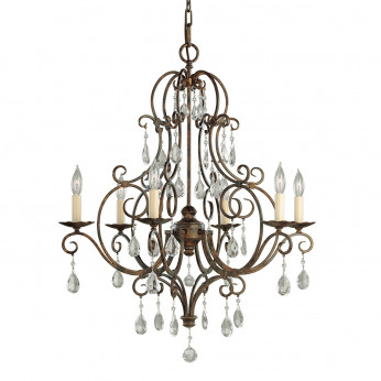 Feiss Lampadario grande in stile rustico in acciaio e dettagli in cristallo con 6 luci Chateau