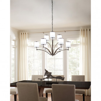 Feiss Lampadario grande moderno in acciaio con diffusori in vetro a 9 luci Prospect