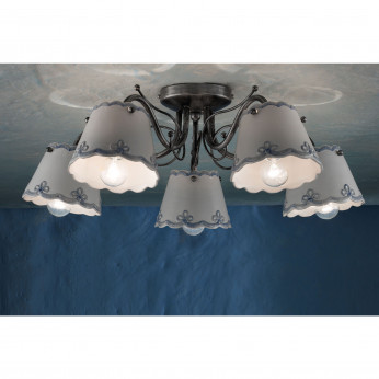 FerroLuce Lampada da soffitto rustica con cinque paralumi in ceramica decorati a mano Ravenna