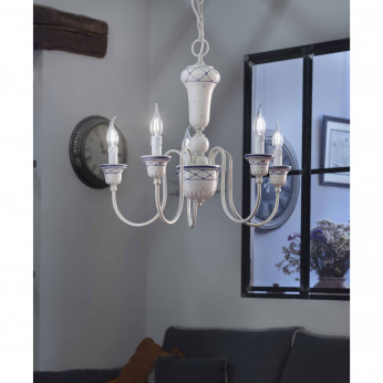 FerroLuce Lampadario rustico in metallo con 5 braccia in ceramica decorate a mano Sanremo