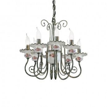 FerroLuce Lampadario rustico in metallo con 8 braccia in ceramica decorata a mano Sanremo