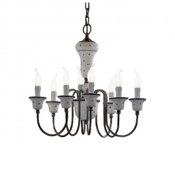 FerroLuce Lampadario rustico in metallo con 8 braccia in ceramica decorate a mano Sanremo