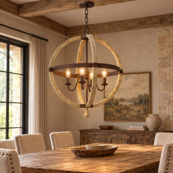Hinkley Lampadario rustico rotondo in acciaio e legno con diffusore a 4 luci Middlefield