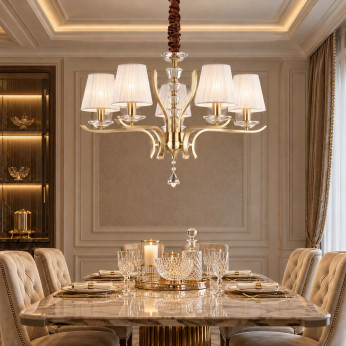 Ideal lux Lampadario medio moderno in metallo e cristallo con paralumi in organza Pegaso
