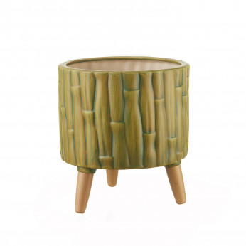 L'Oca Nera Cachepot basso in ceramica de texture finto bamboo e piedi in legno Ethno Chic
