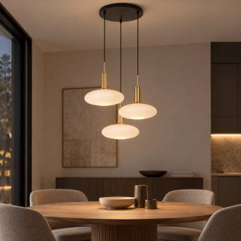 Lucide Lampadario rotondo in metallo con 3 diffusori pendenti in vetro opalino Singala
