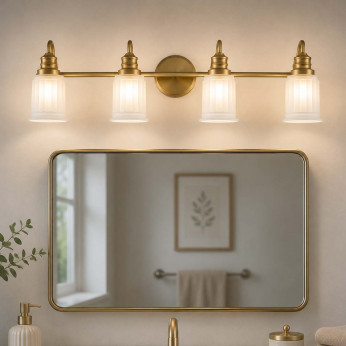 Quoizel Applique LED moderna per bagno in acciaio con 4 diffusori in vetro Swell