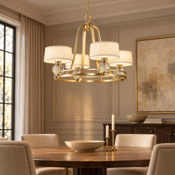 Quoizel Lampadario moderno in metallo con diffusori in lino a 4 luci LED G9 Uptown Carnegie