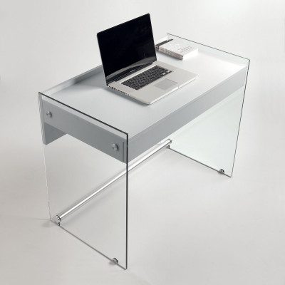 Pezzani MyDesk Scrivania con struttura in vetro top e cassetto in legno Colore: Bianco Opaco