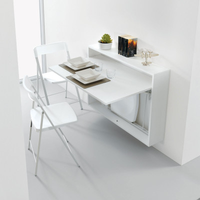 Pezzani Bureau Scrivania da parete salvaspazio con Set 3pz sedie Zeta inserite internamente Colore: Bianco Opaco/Bianco