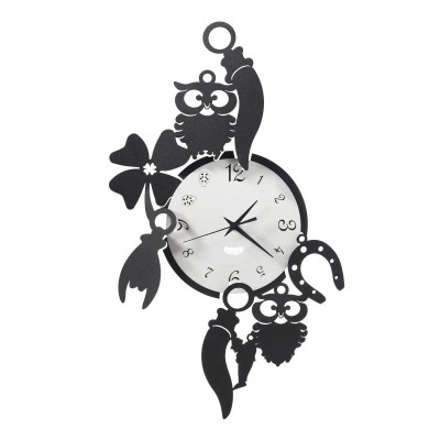 Arti e Mestieri - Good Luck - Orologio da parete in metallo moderno con cornetti, gufi e quadrifogli - Colore: Nero/Bianco Marmo - SKU: 0OR3593C170