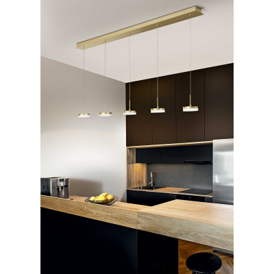 Fabas Luce - Dunk - Lampada a sospensione 5 luci a LED in stile moderno con struttura in metallo - Colore: Ottone - 5 Lampadine Led Integrato 40W - Lumen 3780 - Gradi Kelvin 3000k Luce Calda - IP20 - SKU: 3239-48-119