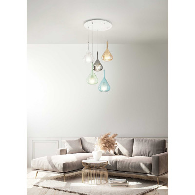 Fabas Luce - Lila - Lampada a sospensione con 5 diffusori pendenti in vetro dal design moderno - Colore: Multicolore - 5 Lampadine E27 40W - IP20 - SKU: 3481-49-362