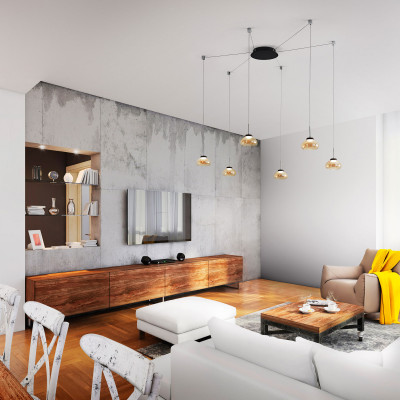 Fabas Luce - Arabella - Lampada a sospensione a 6 luci a LED in metallo con diffusore in vetro soffiato - 6 Lampadine Led Integrato 48W - Lumen 4320 - Gradi Kelvin 3000k Luce Calda - IP20 - SKU: 3547-46