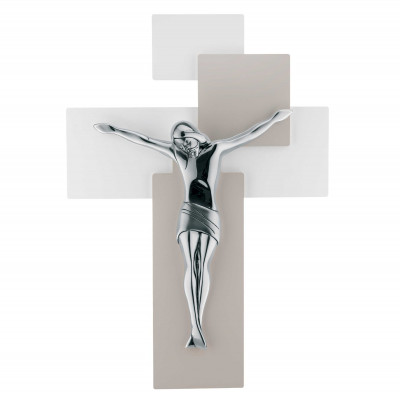 Bongelli Preziosi Crocifisso argentato in stile moderno con pannello in legno 60x40 Colore: Nocciola/Argento