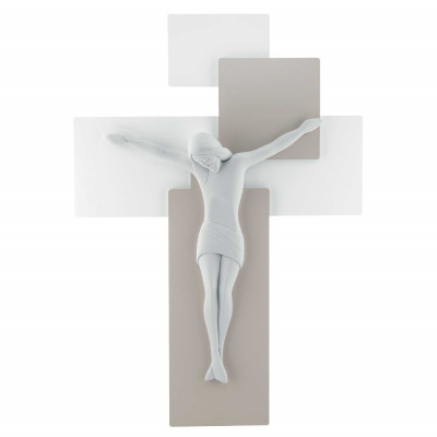 Bongelli Preziosi Crocifisso bianco dalle linee moderne con pannello in legno 27x19 Colore: Nocciola/Bianco