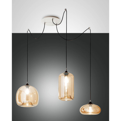 Fabas Luce Fiona Lampada a sospensione a 3 luci in metallo con diffusori in vetro soffiato Colore: Ambra