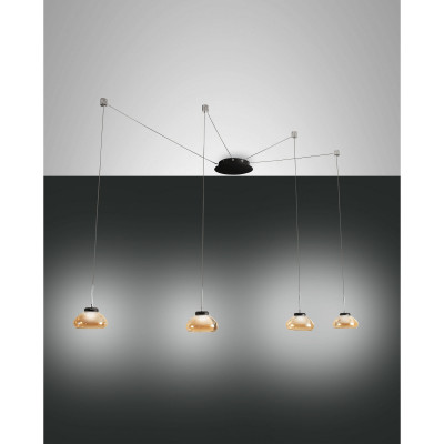 Fabas Luce Arabella Lampada a sospensione in metallo a 4 luci a LED con diffusore in vetro soffiato Colore: Ambra