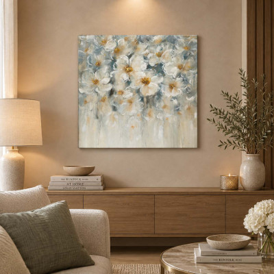 Agave Quadro dipinto a mano moderno con dettagli floreali "Cascata di Fiori" 80x80