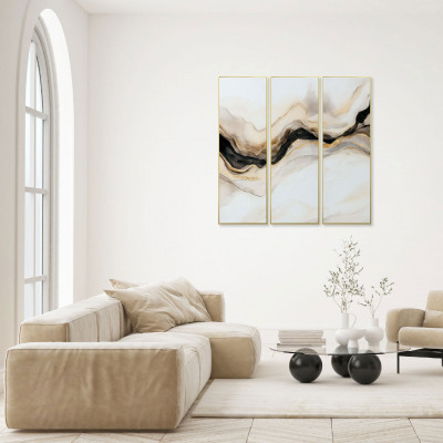 Agave - Stampa set 3 pezzi su tela con motivo astratto con cornice Golden Flow 40x120 - Colore: Oro - SKU: PA0010