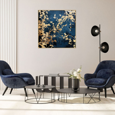 Agave - Stampa su tela con motivo floreale con cornice Kimono 100x100 - Colore: Blu/Oro - SKU: PA0001