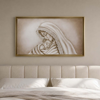 Art Maiora Capezzale con la maternità moderno dipinto a mano su tela Maria 110x65 Colore: Toni Caldi