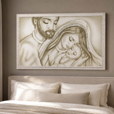 Art Maiora Pazienza Capezzale con la sacra famiglia dipinta a mano su tela Pazienza 110x65 Colore: Tortora