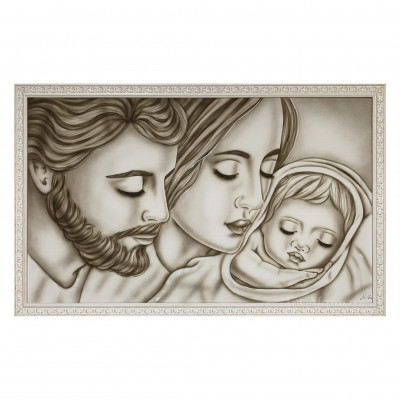 Art Maiora - Capezzale con sacra famiglia dipinta a mano su tela in cotone "Tenerezza" 110x65 - Colore: Tortora - SKU: TNZ-S-T