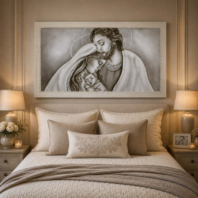 Art Maiora Capezzale contemporaneo con la sacra famiglia Luce Sacra 110x65 Colore: Tortora