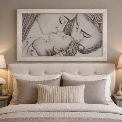 Art Maiora Capezzale moderno con la sacra famiglia dipinta su tela Bacio 110x65 Colore: Grigio