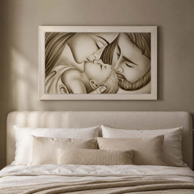 Art Maiora Capezzale moderno con la sacra famiglia dipinta su tela Bacio 110x65 Colore: Tortora