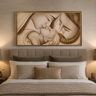 Art Maiora Capezzale moderno con la sacra famiglia dipinta su tela Bacio con Velo 110x65 Colore: Toni Caldi