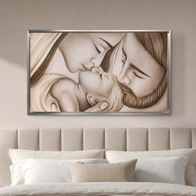 Art Maiora Capezzale moderno con la sacra famiglia dipinta su tela Bacio con Velo 110x65 Colore: Tortora