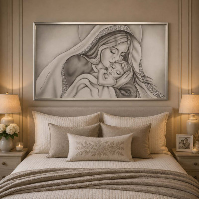 Art Maiora Capezzale moderno dipinto a mano con la maternità Amore di Mamma 110x65 Colore: Grigio