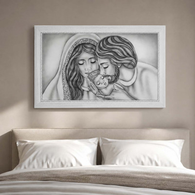 Art Maiora Capoletto con la sacra famiglia dipinta su tela Nido d'Amore Romantico 110x65 Colore: Grigio