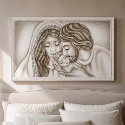 Art Maiora Capoletto con la sacra famiglia dipinta su tela Nido d'Amore Romantico 110x65 Colore: Tortora
