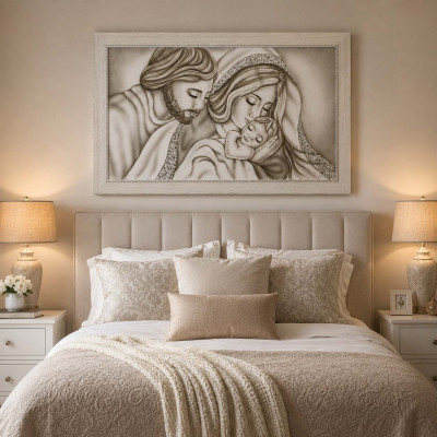 Art Maiora Capoletto moderno con la sacra famiglia Forza 110x65 con decori bianchi Colore: Toni Caldi