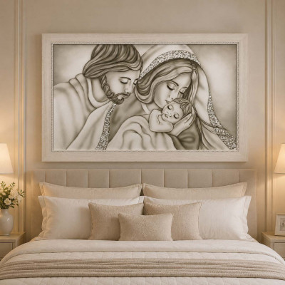 Art Maiora Capoletto moderno con la sacra famiglia Forza 110x65 con decori bianchi Colore: Tortora