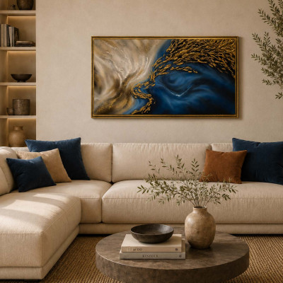 Art Maiora Quadro astratto dipinto a mano Terra e Mare in Danza 120x80 Colore: Blu/Oro