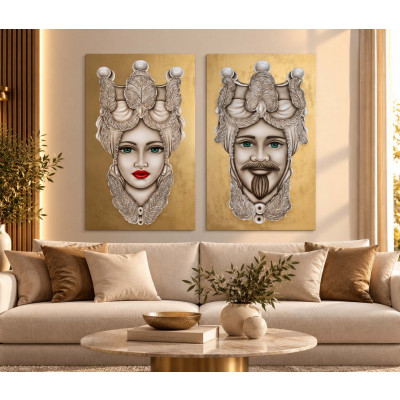Art Maiora Quadro comtemporaneo dipinto a mano Teste di Moro 65x110 set 2 pezzi Colore: Oro/Bianco
