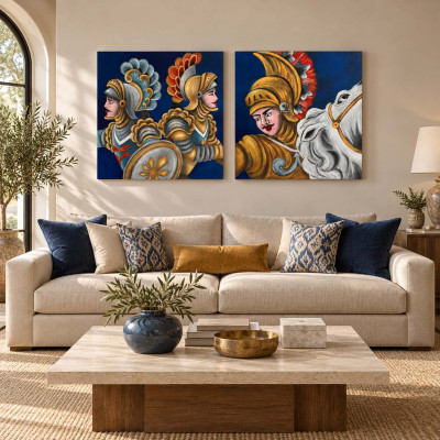Art Maiora Quadro contemporaneo dipinto a mano Pupi Siciliani 80x80 set 2 pezzi