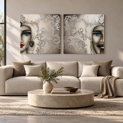 Art Maiora Quadro dipinto a mano Mori King 80x80 set 2 pezzi Colore: Argento