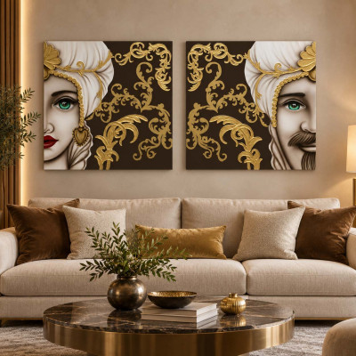 Art Maiora Quadro dipinto a mano Mori King 80x80 set 2 pezzi Colore: Marrone/Oro